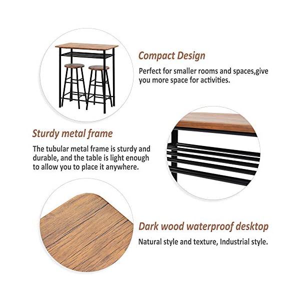LIFE CARVER Modern Design Kitchen 3 Piece Dining Table and 2 Chairs Dining Room Furniture Set, 3 Pcs Bar Table Set (Brown) - Image 5