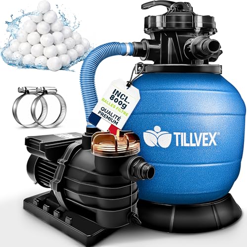 tillvex Système de Filtre à Sable 10m³/h + 800g Boules de filtre – 7 Fonctions | Filtre de Piscine avec indicateur de pression | Filtre à sable pour bassins &...