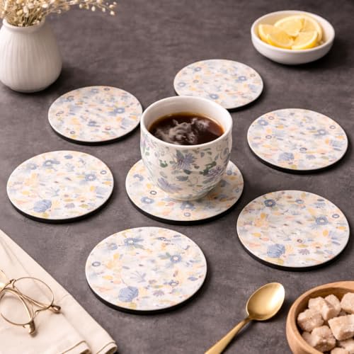 Image of Zesta Coasters for Cups Set of 6 / Wooden Coasters for Bar Accessories for Home /Tea Coaster Set of 6 / Waterproof Dining Table Decor Glass Cover (Pastel Floral, Circle)