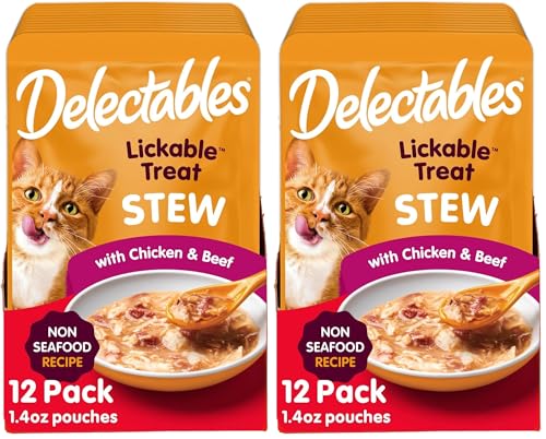 Image of Delectables Lickable Treat Stew Non-Seafood Wet Cat Treat with Real Chicken & Beef, Food Topper, Hydrating, Grain-Free, No Fillers, No By-Products, No-Added Preservatives, 1.4oz Pouch (Pack of 24)