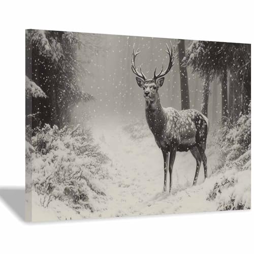 Cerf en forêt enneigée poster décoration intérieur noir et blanc 40x60cm