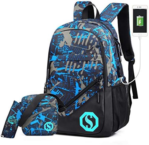 Ultra Light Water Resistant Boy School Backpack Set 3 Pieces School Bags Set for Teenage Boys Casual Daypack+Small shoulder bag+Pencil Case (3 PCS)