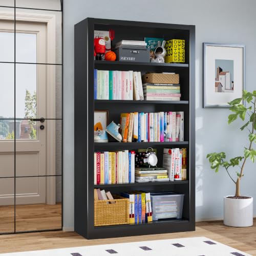 Image of Black Metal Bookcase, 66 inch H Tall Adjustable Bookshelf