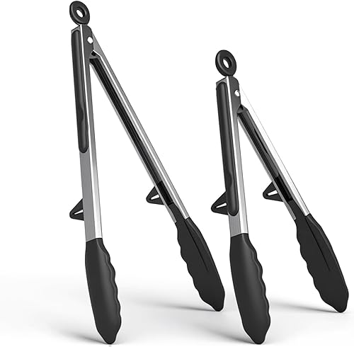 Pinzas de comida de 2 piezas para cocinar, pinzas de cocina de acero inoxidable de 9 y 12 pulgadas con puntas de silicona y soporte integrado, disponible en Yaxa Costa Rica