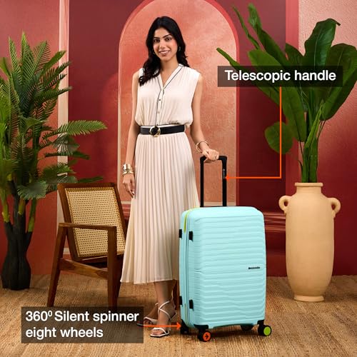 Image of Nasher Miles Cairo Hard-Sided Polypropylene Check-in Luggage 24 inch | 65cm | 8 Wheels Medium Trolley Bag for Travel | Suitcase (Pastel Green & Neon)