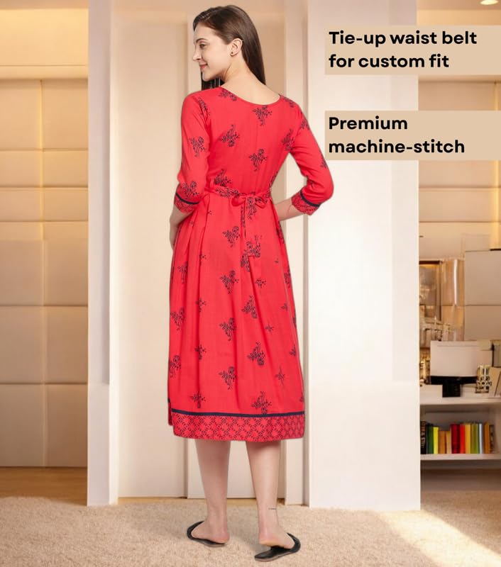 Image of DUMMY SHAPE Feeding Kurtis for Women Cotton Rayon | Printed Pregnancy Flare Kurta with Nursing Zippers to Pre & Post Partum | Maternity Dresses | Gifts for Pregnant Woman