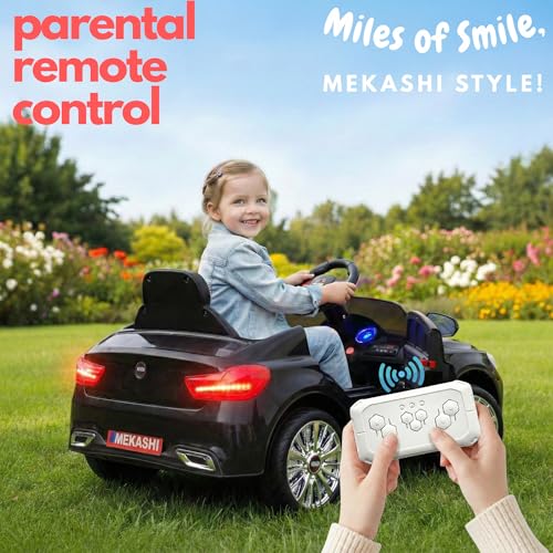 Image of MEKASHI Electric Ride-On Car for Kids 1-4 Years, 12V Battery, Remote Control, 3 Speed, LED Lights, Bluetooth, Black