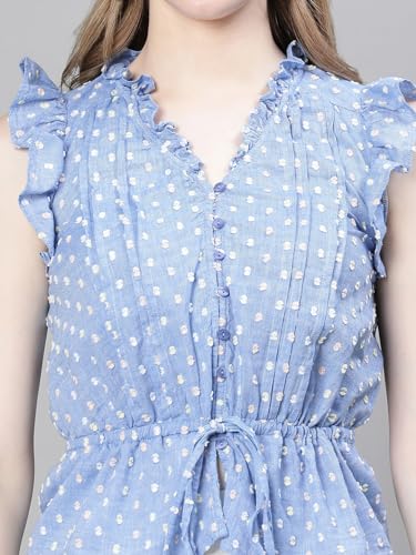 Image of oxolloxo Women Floral Print Ruffle Detailed Pleated Elasticated Tie-Up Short Sleeve Cotton Top