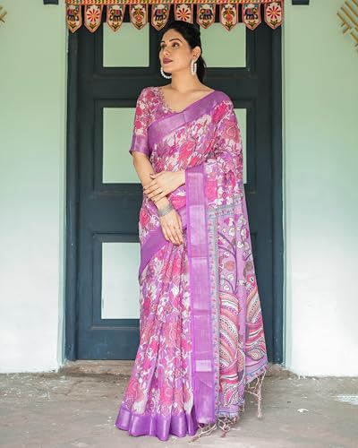 Image of Kaugalian store Linen Cotton Floral Printed Saree for Women with Unstitched Blouse Piece | 5.5 M Saree & 0.8 M Blouse