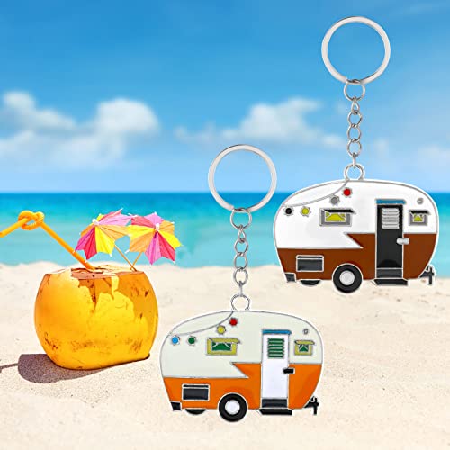 Image of Thinp 2 Pieces Camper Keychain, RV Camper Keyring Accessories for Travel Trailers Enameled Metal Retro Camping Car Keychain