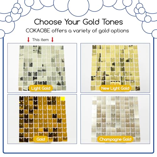 Image of COKAOBE Light Gold Shimmer Wall Backdrop, 24PCS Square Sequin Shimmer Backdrop Panel, Photo Backdrops for Birthday, Anniversary, Wedding, Graduation & Bachelorette Party Decoration