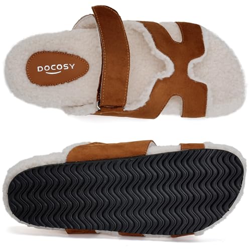 Womens Fuzzy H-Band Slippers Faux Shearling Open Toe Slide Sandal Adjustable House Shoes Wide Width4