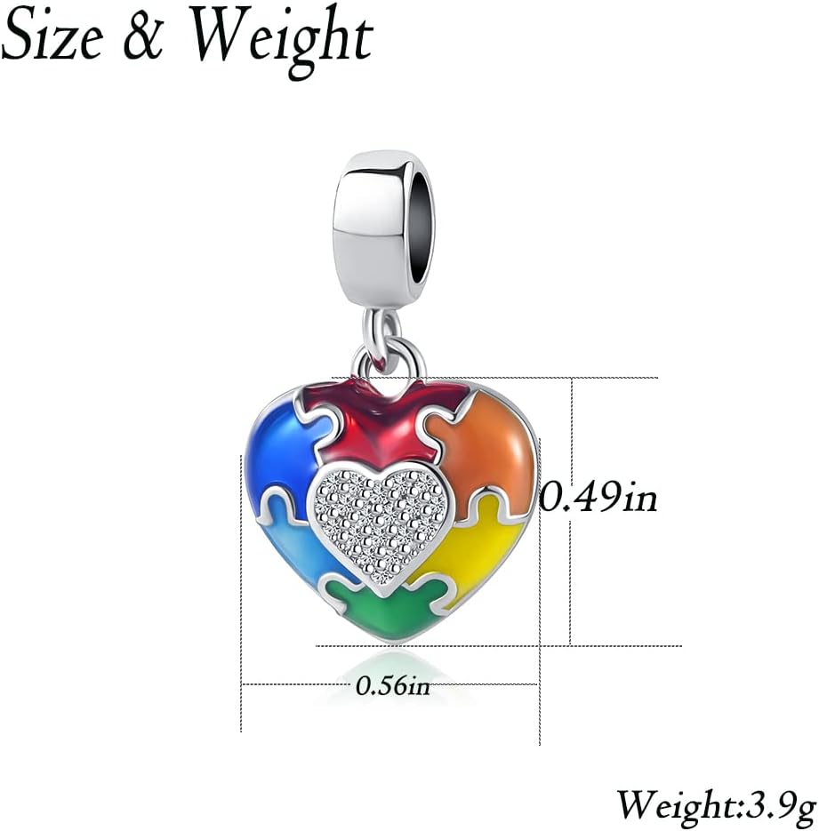 Autism Awareness Puzzle Piece Heart Charm Bead - For European Bracelets (4.8-5mm Hole)