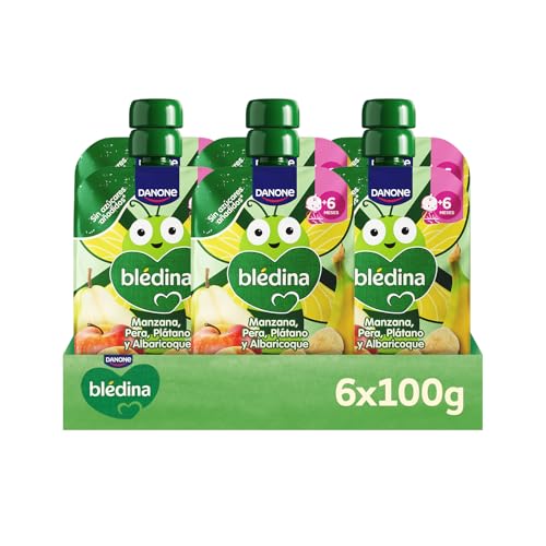 Blédina Bolsitas de Manzana, Pera, Platano y Albaricoque para Bebé. Pouch 100% Fruta, Sin Azúcares Añadidos y Alto Contenido en Vitamina C, Fuente de Fibra. Desde los 6 Meses, Pack 6x100g