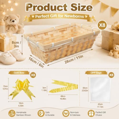 Mifoci 8 Pack Baskets for Gifts Empty Kit, 11" x 6.3" x 3.1" Wicker Basket with Gift Bags & Gold Ribbons, Hand Woven Large Wicker Basket for Baby Shower, Mother's Day, Christmas, Housewarming — 사진 2