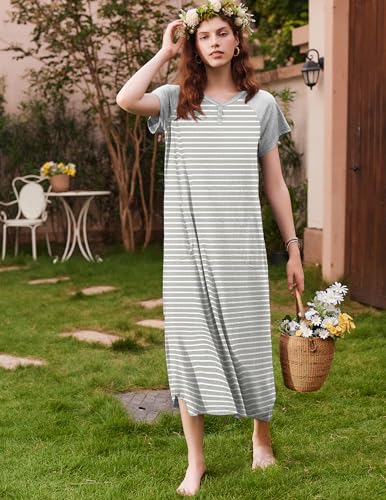 Image of Ekouaer Long Nightgown Women's Loungewear Short Sleeve Sleepwear Full Length Sleep Shirt with Pockets