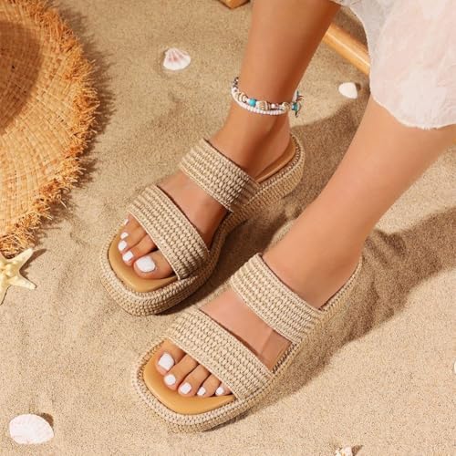 Image of Erocalli Platform Sandals Women Cute Wedge Espadrilles Slip on Summer Beach Raffia Vacation Sandal Comfortable Open Toe Dressy Shoes