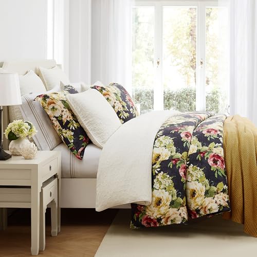 Image of HiEnd Accents Peony Washed Linen 3 Piece King Charcoal Floral Comforter Set