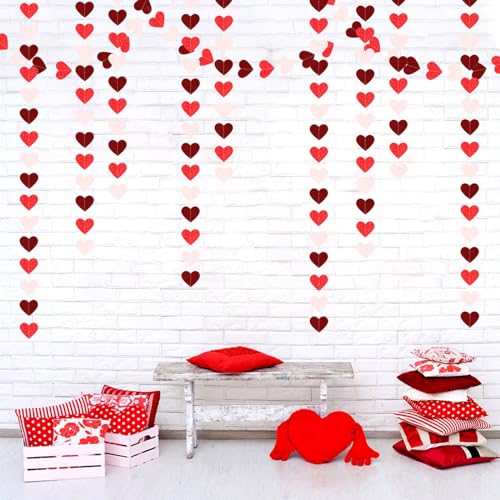 Image of Valentines Day Party Decorations Pink-Red Heart-Garland - 52ft Burgundy Proposal Special Night Galentines Hanging Streamers Banner,Girl Romantic Wedding Anniversary Baby Bridal Shower Engagement Decor