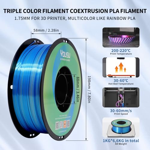 Image of YOUSU 3D Printer Filament Silk PLA Filament Rainbow Color,1.75mm Tri Color Filament 6 * 1kg Pack.