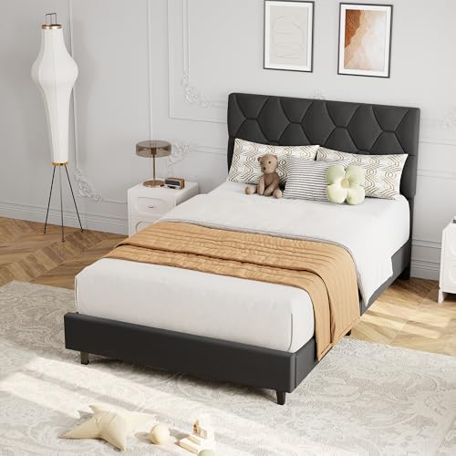 GarveeHome Grey Twin XL Bed Frame with Upholstered Headboard Heavy-Duty Platform Bed Frame with Adjustable Headboard Strong Wood Slat Support/No Box Spring Needed/Noise Free