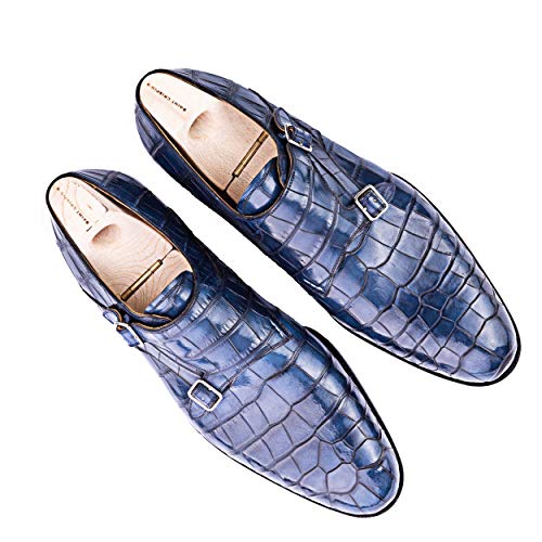 Costoso-Italiano-Goodyear-Welted-Tendring-Mens-Blue-Croc-Print-Leather-Formal-Slip-On-Buckle-Monk-Strap-Shoes-with-Violin-Leather-Sole