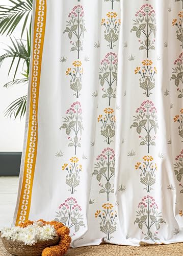 Image of Tranquebar Curtain Co. Window Curtains 5 Feet, 60-65% Room Darkening, Yellow Floral Print, Cotton Curtains for Window, Cotton Curtains 5 Feet Long Set of 2, BackTabs, Latha (152 cm) - Set of 2