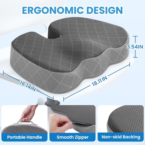 Image of TushGuard Office /Car Seat Cushion, Non-Slip Sciatica & Back Coccyx Tailbone Pain Relief Chair Pad, Memory Foam Butt Pillow for Computer Desk, Wheelchair, Driving (Black&Grey, X-Large)