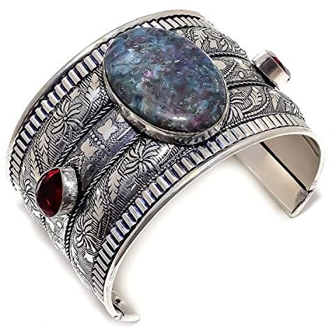 LARA GEMS STONES AND JEWELLERS Ruby Fuchsite, Garnet Gemstone 925 Sterling Silver Cuff Bracelet Adst. OP-2086 Cover