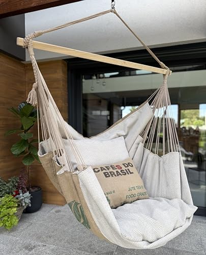 Izabell Hängesessel mit Großen Kissen – XXL Schaukelstuhl und Hängematte für Indoor & Outdoor – Coffee Swing aus Jutesäcken von Kaffeeröstereien (beige 2)