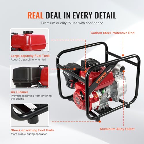 Image of VEVOR Gasoline Powered Clarified Water Pump, 2 in /50 mm, 7HP 132GPM 4-Stroke Gasoline Engine Water Transfer Pump with 25 ft /7.62 m Outlet Hose Max 98 ft Lift 26ft Suction, Cast Iron Impeller