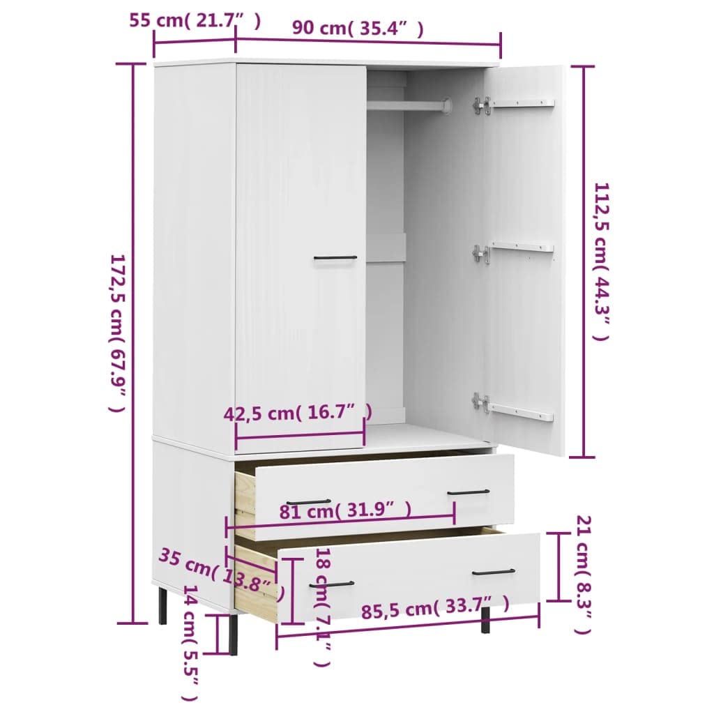 Garde-robe VidaXL 90cm - Armoire 2 Tiroirs + Compartiment Pin Massif Style Industriel Blanc