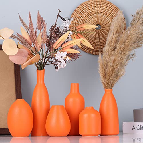 Orange Ceramic Bud Vases Set of 6, Farmhouse Decor, Fireplace Decor, Mantle & Shelf Decor, Home Decoration for Living Room, Entrance, Bathroom, Kitchen & Office, Coffee Table Decor, Bud vases in Bulk