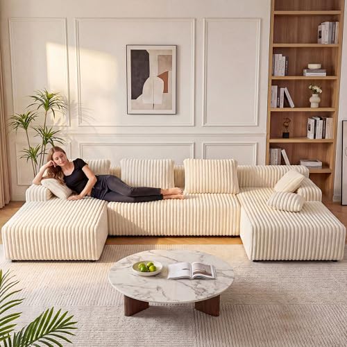 Image of LAUSAINT HOME 132 inch Modular Sectional Sofa Couches, U-Shaped Boneless Cloud Sofa with 4 Deep Seat, 6 Cushiones Oversized Chaise for Living Room, Bedroom, Plush Corduroy Fabric (U Shaped Sofa, Beige)