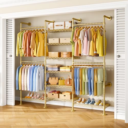 Image of ULIFHOME M6 Clothes Rack for Wall Mounted, Heavy Duty Closet Wardrobe | Wall Mounted Garment Rack with 8 Shelves and 4 Hanger Rods, Clothing Storage Organizer System for Holding 1064lbs, Gold