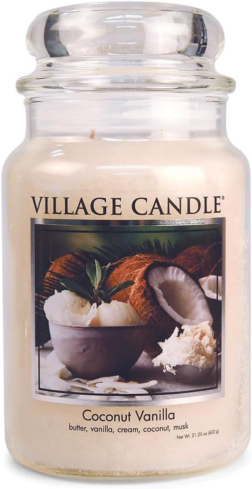 Village Candle Coconut Vanilla Large Glass Apothecary Jar Scented Candle, 21.25 oz, White