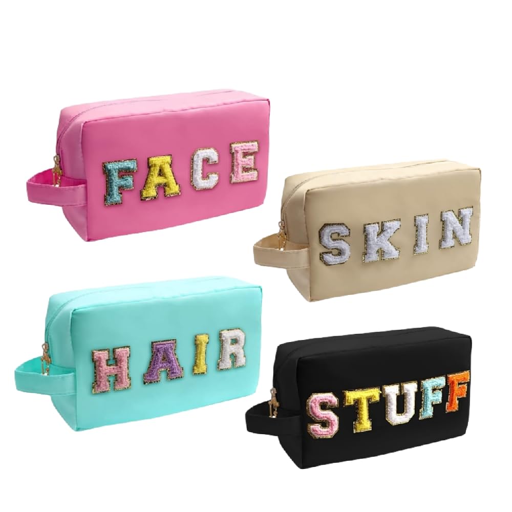 Xummero Preppy Makeup Bags Chenille Letter Bag 4 Pack, Nylon Large Letter Patch Makeup Bag Hair Face Skin Stuff Skincare Travel Bags Pouchs Travel Cosmetic Bag For Toiletries Women Girls
