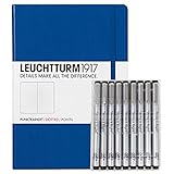 Leuchturm1917 Dotted Journal Medium A5 Bullet Notebook with 9 Pack Black Fineliner Fine Tip and  Brush Journaling Pens Set  (Dotted, Royal Blue)