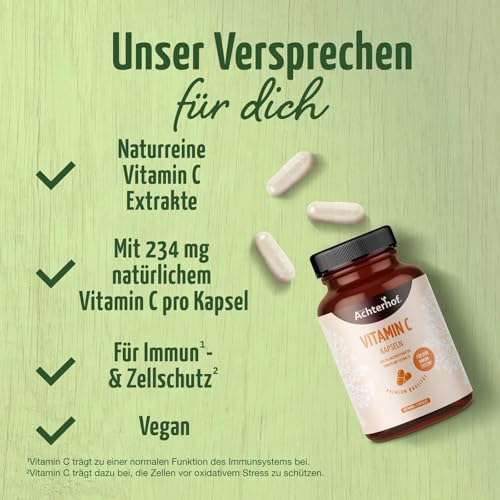 Vitamin C 180 Kapseln | natürliches Vitamin C aus Acerola-Hagebutte & Camu Camu Extrakten | hochdosiert 234 mg natürliches Vitamin-C | 100% Vegan | frei von unerwünschten Zusatzstoffen | vom Achterhof