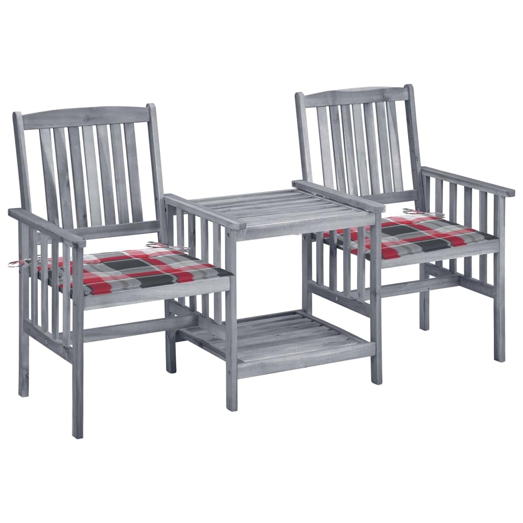Gartenstühle mit Teetisch und Kissen, 2-Sitzer Gartenbank mit Integriertem Tisch, Holz-Bistro-Set aus Akazie Massivholz für Garten Terrasse Balkon, Grau, 159x61x92 cm