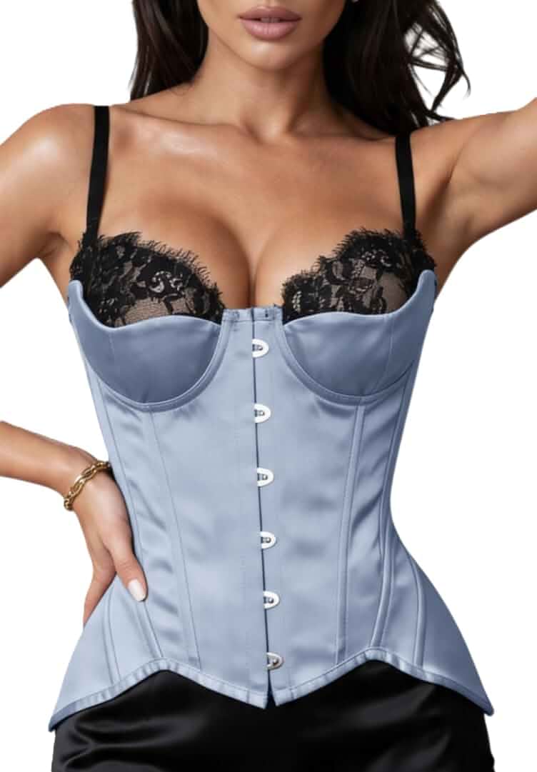 WS Waist Secrets Perfect Overbust Satin Corset Top Lingerie for Women, 18 Boned Bustier with Adjustable Lace Up Back