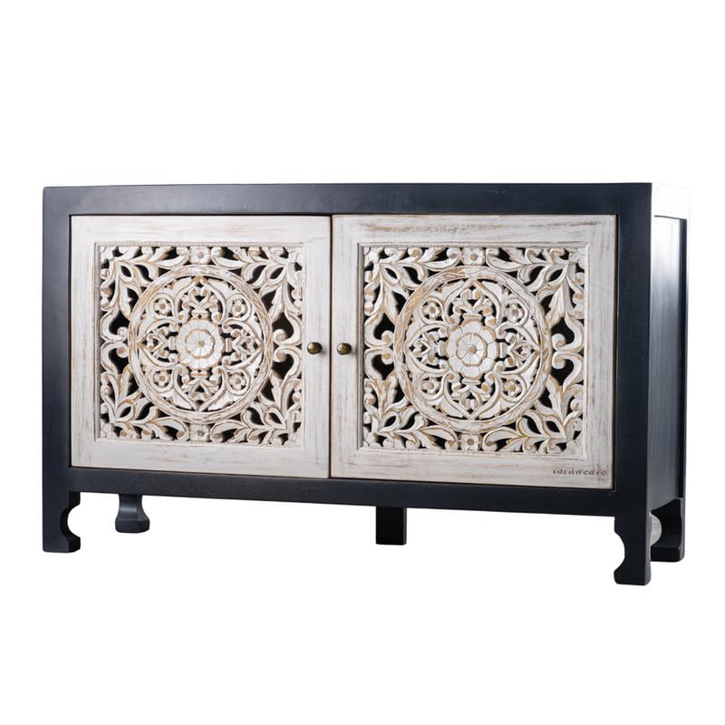 Image of Yepa Wooden Sideboard Cabinet for Living Room | Handcrafted Solid Wood Storage Cabinet with Carved Doors | Crockery Cabinet for Home | Crockery Furniture for Home (White and Grey)