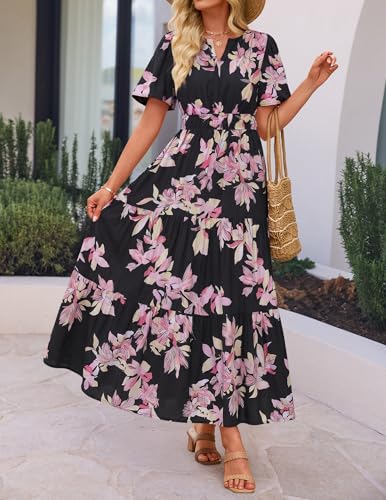 Image of ZESICA Women's 2026 Summer Spring Floral Boho Maxi Dresses Casual Short Sleeve V Neck A Line Flowy Beach Vacation Dress