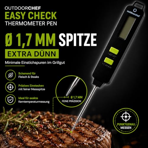 OUTDOORCHEF Easy Check Thermometer Pen digitales Einstechthermometer - Grillthermometer,2-4 Sek. Messung, beleuchtetem Display, -50 bis 300°C, Ø 1,7 mm Spitze 5