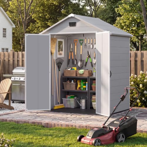 Image of Devoko 6X4 FT Plastic Outdoor Storage Shed with Floor, Light Grey
