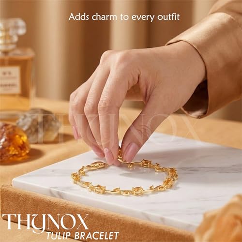 Image of THYNOX Tulip Bracelet for Women Stylish | Gold Plated Crystal Floral Jewellery | Adjustable Chain Wrist for Women & Girls Stylish | Elegant Tulip Bracelet for Women, Party & Daily Wear Accessory