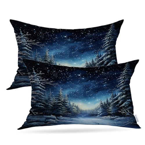 Batmerry Winter New Year Throw Pillow Covers, Forests Snow Stars Rivers Decorative Pillow Covers Digital Printing Blended for Couch Sofa Bed Invisible Zipper 12X20 in(Set of 2)