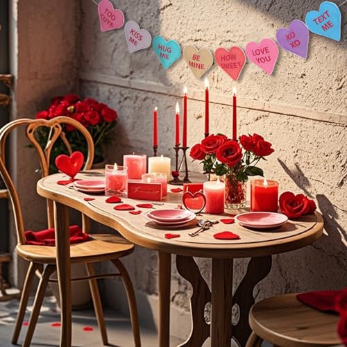 Image of Valentine's Day Heart Garland Felt Banner Decorations for Mantle Fireplace Room Valentine Hanging Decor