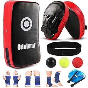 Odoland-7-in-1-Punching-Mitts-Kick-Pack-Set-for-Kids-Boxing-Mitts-Focus-Pads-Punching-Kicking-Pad-Reflex-Ball-Jumping-Rope-and-Protect-Sleeves-Great-for-Boxing-Kickboxing-Karate-Muay-Thai Odoland 7-in-1 Punching Mitts Kick Pack Set for Kids, Boxing Mitts Focus Pads, Punching Kicking Pad, Reflex Ball, Jumping Rope and Protect Sleeves, Great for Boxing, Kickboxing, Karate, Muay Thai