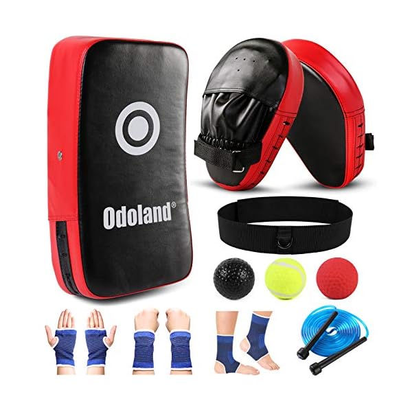 Odoland 7-in-1 Punching Mitts Kick Pack Set for Kids, Boxing Mitts Focus Pads, Punching Kicking Pad, Reflex Ball, Jumping Rope and Protect Sleeves, Great for Boxing, Kickboxing, Karate, Muay Thai